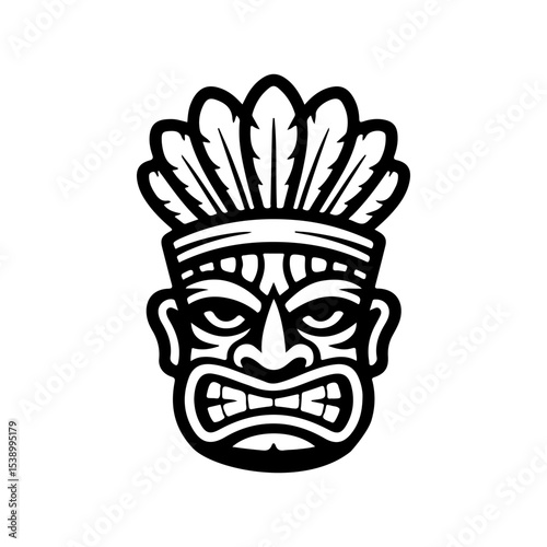 Tiki tribal wooden mask set and Tiki mug. Hawaiian traditional elements. Colored, wooden and black and white silhouette. Vector illustration