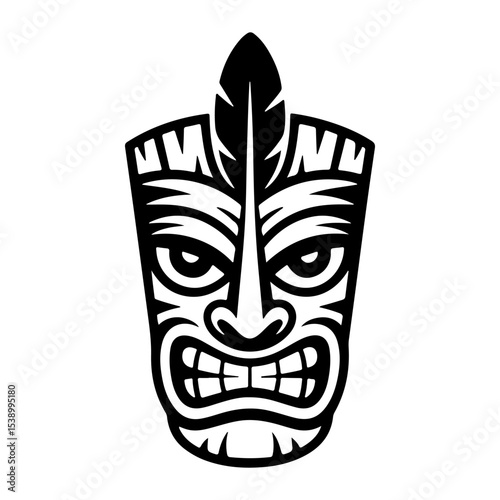 Tiki tribal wooden mask set and Tiki mug. Hawaiian traditional elements. Colored, wooden and black and white silhouette. Vector illustration