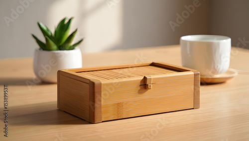 Wooden tea box sits on a table with a cup and potted plant