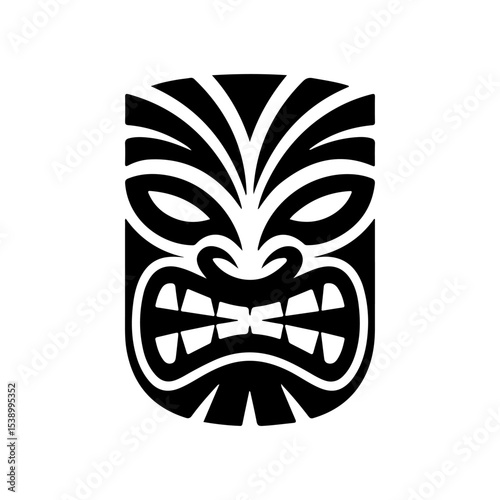 Tiki tribal wooden mask set and Tiki mug. Hawaiian traditional elements. Colored, wooden and black and white silhouette. Vector illustration