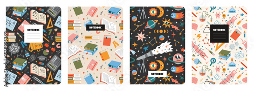Set of colorful notebook covers with editable seamless patterns featuring school supplies, books, space elements and science items. Trendy vector illustration, hand drawn, flat design backgrounds
