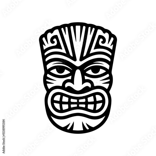 Tiki tribal wooden mask set and Tiki mug. Hawaiian traditional elements. Colored, wooden and black and white silhouette. Vector illustration