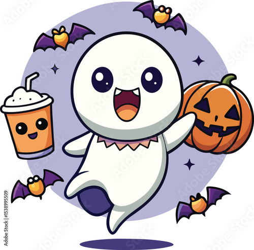 Cute Halloween Ghost Holding Pumpkin and Pumpkin Spice Latte Illustration