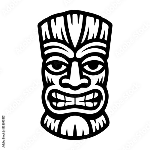 Tiki tribal wooden mask set and Tiki mug. Hawaiian traditional elements. Colored, wooden and black and white silhouette. Vector illustration