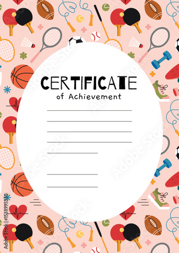 Colorful certificate of achievement template with sports equipment, rackets, balls and fitness items on pastel background. Trendy vector illustration, hand drawn, flat design
