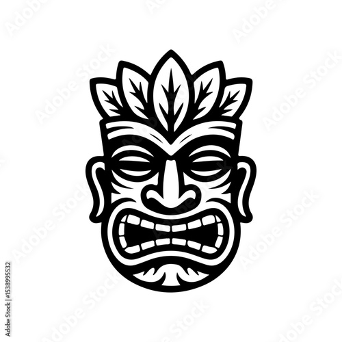 Tiki tribal wooden mask set and Tiki mug. Hawaiian traditional elements. Colored, wooden and black and white silhouette. Vector illustration