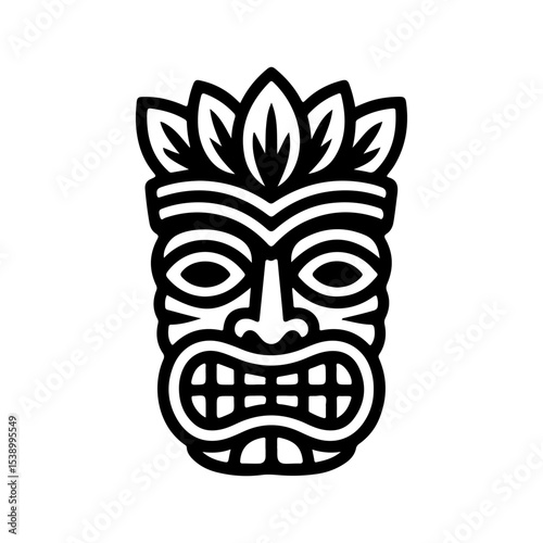 Tiki tribal wooden mask set and Tiki mug. Hawaiian traditional elements. Colored, wooden and black and white silhouette. Vector illustration
