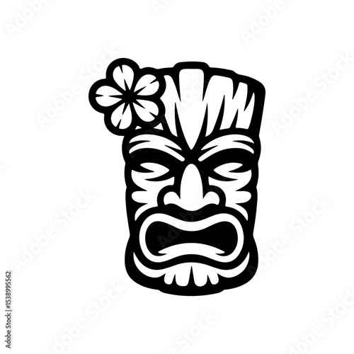 Tiki tribal wooden mask set and Tiki mug. Hawaiian traditional elements. Colored, wooden and black and white silhouette. Vector illustration