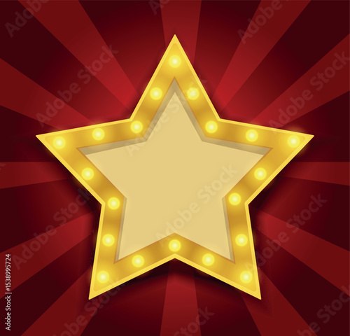 Vector illustration of glowing golden star on bright background with place for text. Element of show, badge, ceremony, movie poster or award. Bright neon style for banners and design