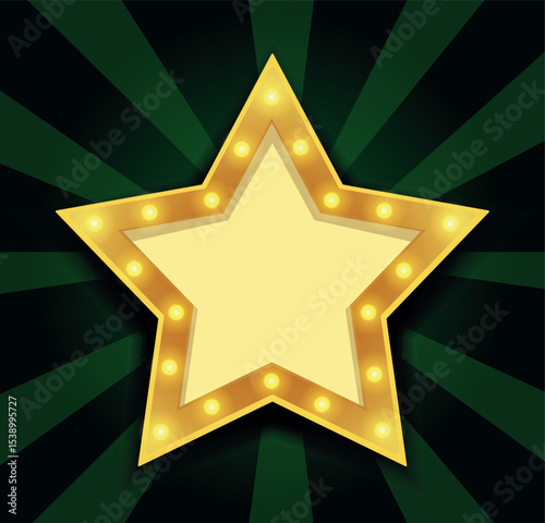 Vector illustration of glowing golden star on bright green emerald background with space for text. Element of show, badge, ceremony, movie poster or award. Bright neon style for banners and design