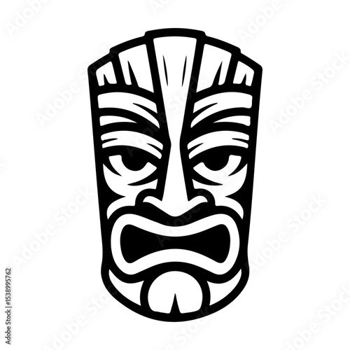 Tiki tribal wooden mask set and Tiki mug. Hawaiian traditional elements. Colored, wooden and black and white silhouette. Vector illustration