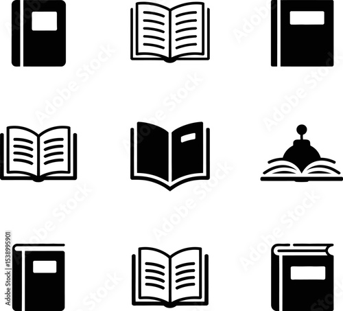 A collection of nine book icons in black and white showing open and closed books