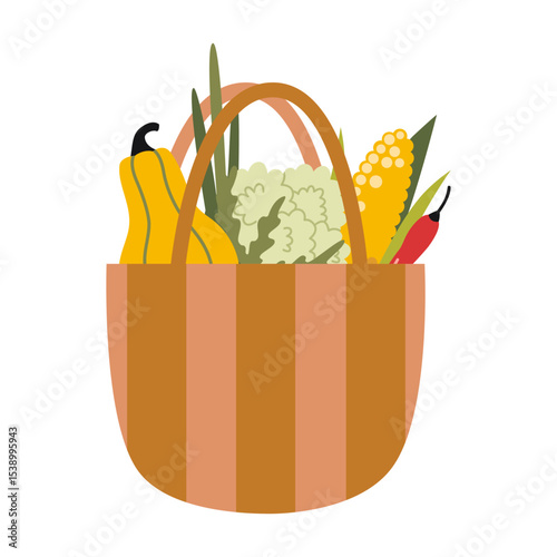 Wicker basket filled with fresh vegetables and greens, like pumpkin, cauliflower, corn, onion and pepper. Local food and sustainable lifestyle. Trendy modern vector illustration, hand drawn, flat