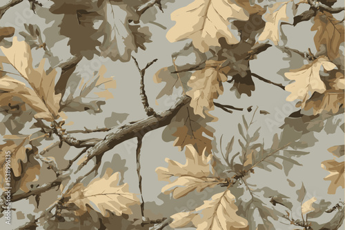 Real tree forest camouflage seamless pattern design pattern for hunting and military uniform. Hunting camouflage, A camouflage pattern with oak leaves and branches, vector illustration.