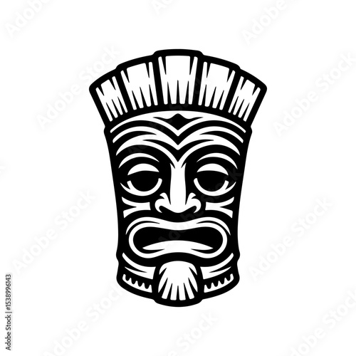 Tiki tribal wooden mask set and Tiki mug. Hawaiian traditional elements. Colored, wooden and black and white silhouette. Vector illustration