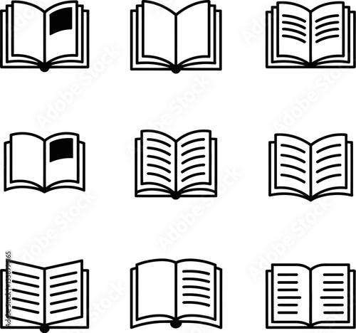 A collection of nine open book icons with varying page content and orientations