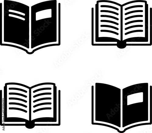 A collection of four open book icons in black and white on a white background set