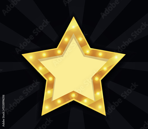 Vector illustration of glowing golden star on dark background with space for text. Element of show, badge, ceremony, movie poster or award. Bright neon style for banners and design