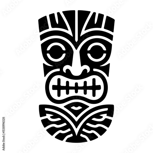 Tiki tribal wooden mask set and Tiki mug. Hawaiian traditional elements. Colored, wooden and black and white silhouette. Vector illustration