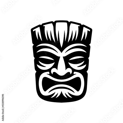 Tiki tribal wooden mask set and Tiki mug. Hawaiian traditional elements. Colored, wooden and black and white silhouette. Vector illustration