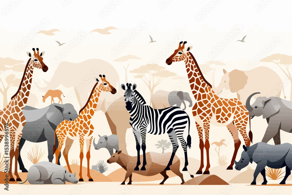 Obraz premium African Wildlife Illustration- Giraffes Zebras Rhinos and Elephants in the Safari- Wild Animals Clipart for Kids and Educational Resources- Graphic Design Elements
