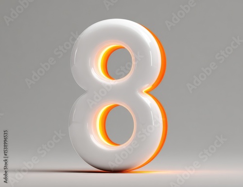 A three-dimensional, white number eight with an inner, warm orange glow, set against a neutral gray background.  The number has a smooth, glossy finish and casts a subtle shadow