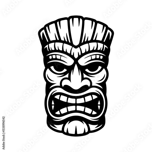 Tiki tribal wooden mask set and Tiki mug. Hawaiian traditional elements. Colored, wooden and black and white silhouette. Vector illustration