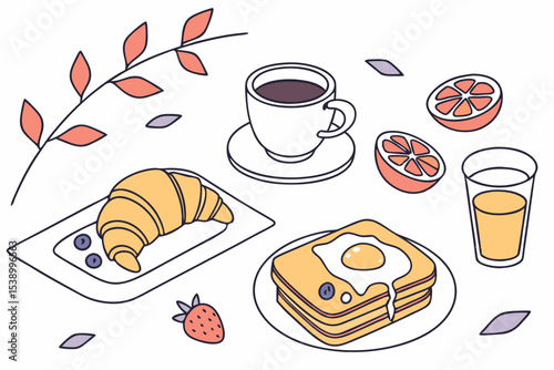 Minimalist Vector Set of Fresh Breakfast Foods and Beverages
