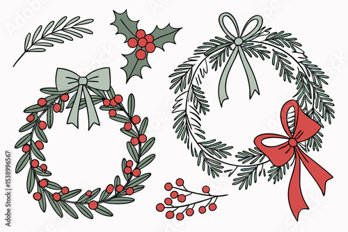 Minimal Flat Vector Christmas Wreaths and Greenery Decoration Set
