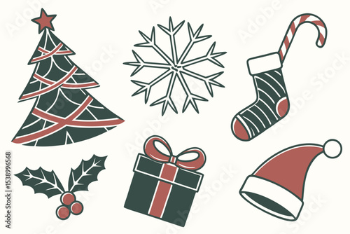Minimalist Vector Set of Classic Christmas Symbols and Decorations
