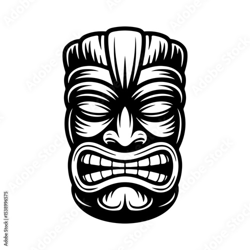 Tiki tribal wooden mask set and Tiki mug. Hawaiian traditional elements. Colored, wooden and black and white silhouette. Vector illustration