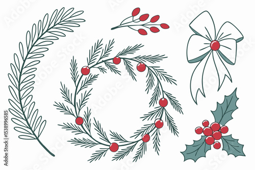 Minimal Flat Vector Christmas Wreaths and Greenery Decoration Set
