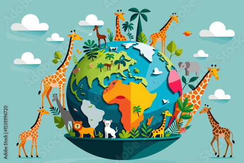 Cartoon Earth with Animals- Giraffes Elephants and Lions- Save the Planet with Wildlife Conservation Art- Environmental Awareness Illustration