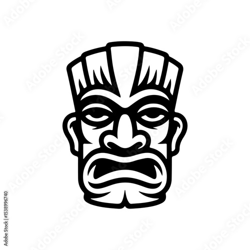 Tiki tribal wooden mask set and Tiki mug. Hawaiian traditional elements. Colored, wooden and black and white silhouette. Vector illustration