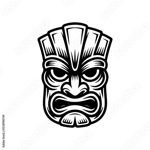 Tiki tribal wooden mask set and Tiki mug. Hawaiian traditional elements. Colored, wooden and black and white silhouette. Vector illustration