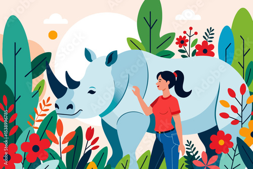 Cartoon Illustration of Woman Touching Rhino in Colorful Jungle - Vector Graphic of Girl Interacting with Wildlife - Conservation Concept with Floral Background
