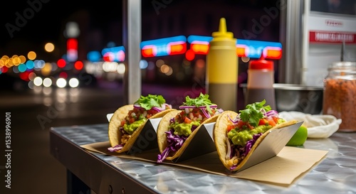 Wallpaper Mural Gourmet tacos with colorful toppings served on a street food cart table at night with neon lights and urban background Torontodigital.ca