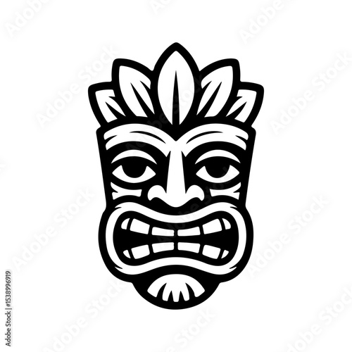 Tiki tribal wooden mask set and Tiki mug. Hawaiian traditional elements. Colored, wooden and black and white silhouette. Vector illustration