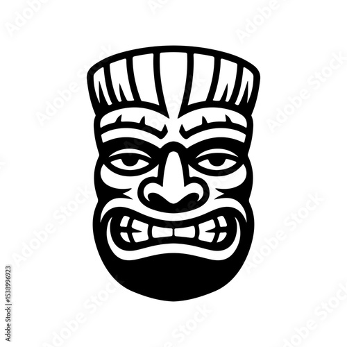 Tiki tribal wooden mask set and Tiki mug. Hawaiian traditional elements. Colored, wooden and black and white silhouette. Vector illustration