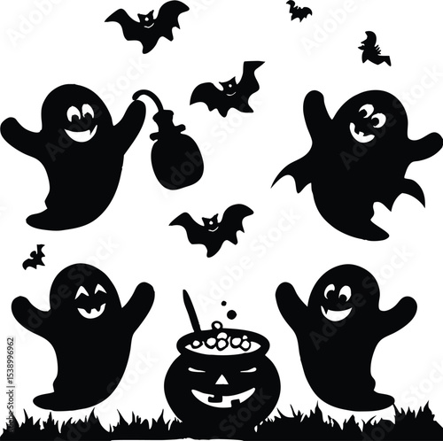 Black silhouette illustration of Halloween ghosts bats and a jack o lantern cauldron