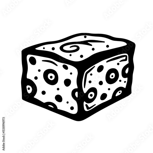 Minimalist black silhouette of a fruitcake slice with dried fruits on white background