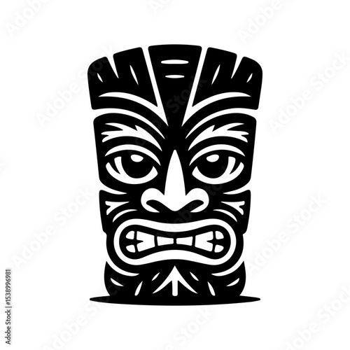 Tiki tribal wooden mask set and Tiki mug. Hawaiian traditional elements. Colored, wooden and black and white silhouette. Vector illustration