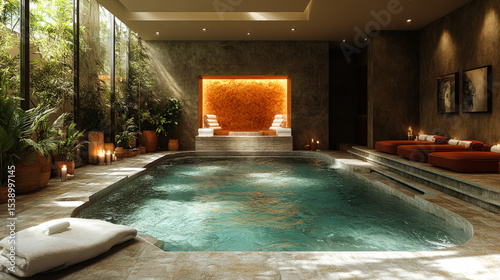 Luxurious indoor spa pool surrounded by soft lighting, elegant decor, and greenery, creating a peaceful and relaxing wellness atmosphere.

