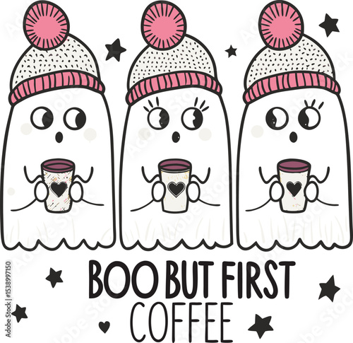 Cute Halloween Ghosts Wearing Beanies and Holding Coffee Cups Illustration