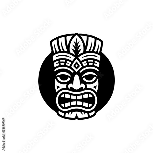 Tiki tribal wooden mask set and Tiki mug. Hawaiian traditional elements. Colored, wooden and black and white silhouette. Vector illustration