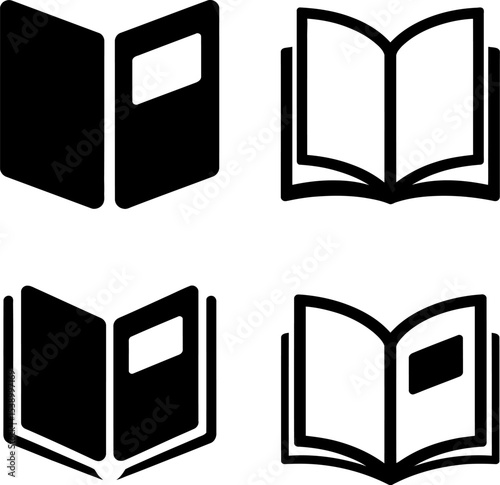 Four black and white book icons showing different stages of opening and closing book