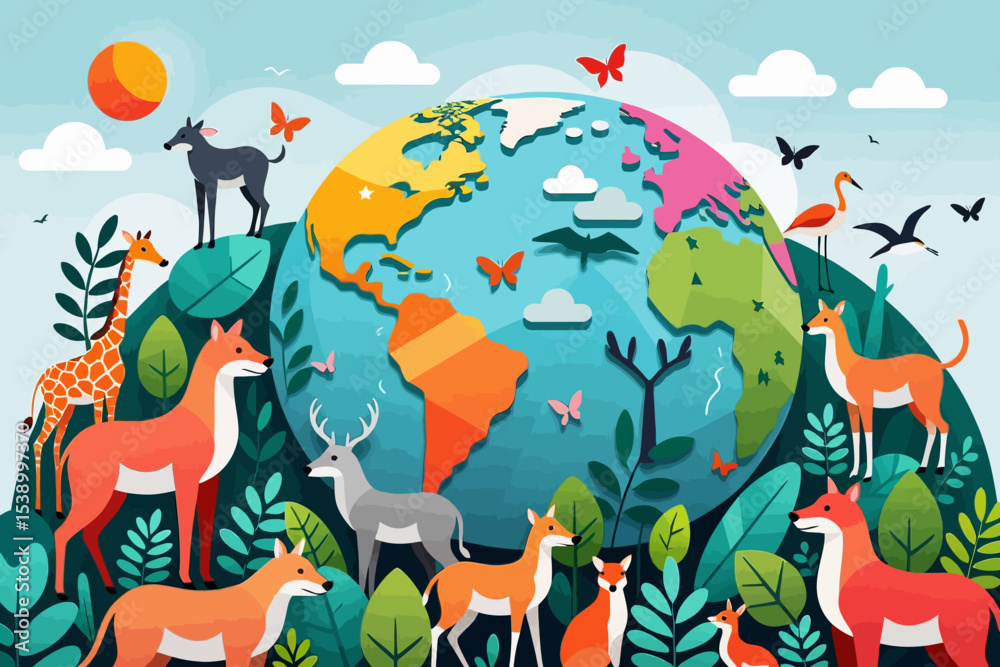 Naklejka premium Colorful World Wildlife Illustration-Animals Plants & Butterflies around the Earth-Celebrating Biodiversity & Ecosystems-Nature Artwork
