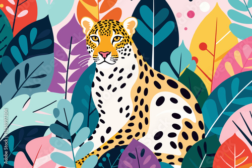 Colorful Leopard Illustration-Jungle Animal Art-Tropical Leaves Design-Vibrant Wildlife Painting-Nature Inspired Decor-Exotic Cat Artwork-Leopard Portrait-Modern Art Print