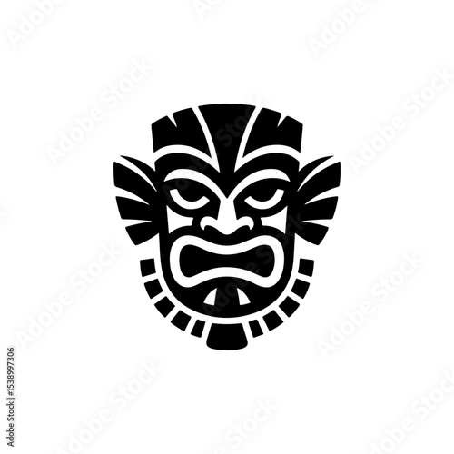 Tiki tribal wooden mask set and Tiki mug. Hawaiian traditional elements. Colored, wooden and black and white silhouette. Vector illustration