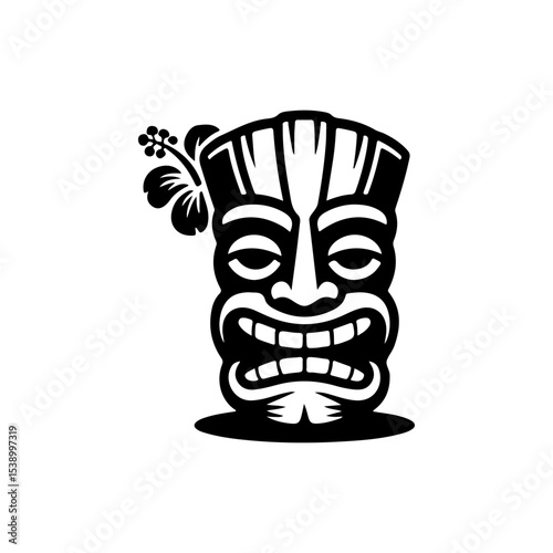 Tiki tribal wooden mask set and Tiki mug. Hawaiian traditional elements. Colored, wooden and black and white silhouette. Vector illustration